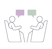 Symbol of two people talking, saying: "Talk to others with HAE. Explore the new app."